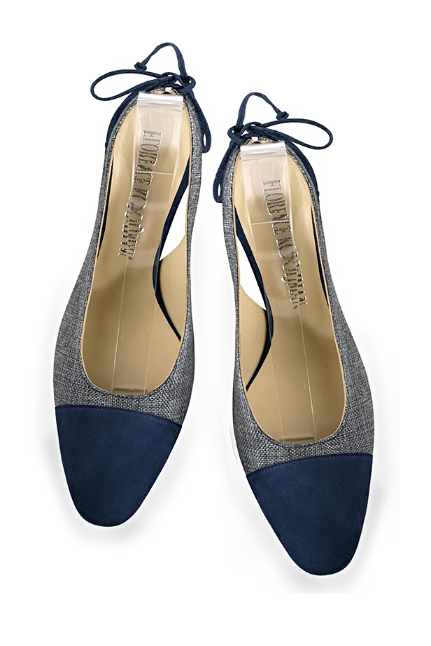 Women's navy blue and dark grey elegant slingback heels. Round toe. Medium comma heels - Top view